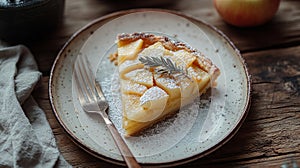 Rustic apple pie slice on plate with fork and garnish.