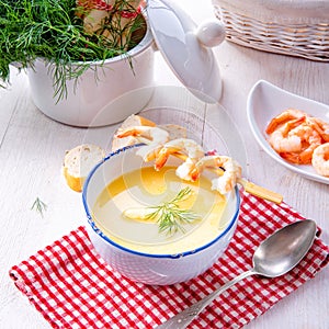 Rustic asparagus soup with shrimp skew and diel