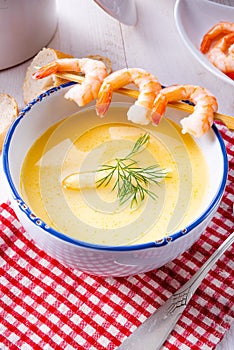 Rustic asparagus soup with shrimp skew and diel