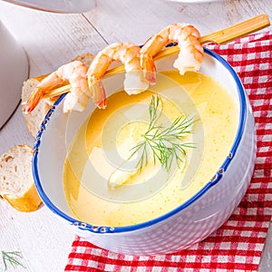 Rustic asparagus soup with shrimp skew and diel
