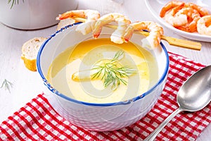 Rustic asparagus soup with shrimp skew and diel