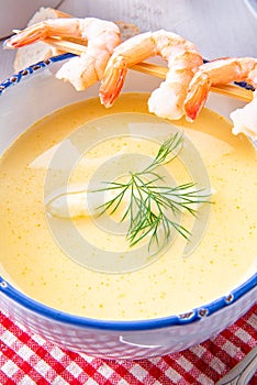 Rustic asparagus soup with shrimp skew and diel