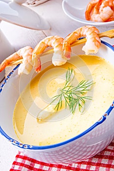 Rustic asparagus soup with shrimp skew and diel