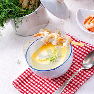 Rustic asparagus soup with shrimp skew and diel