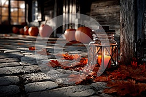 Rustic Autumn Atmosphere with Lantern and Pumpkins on Cobblestone Path Generative AI