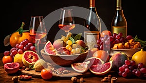 A rustic autumn celebration with fresh fruit, wine, and decoration generated by AI