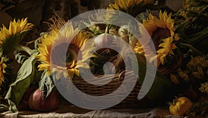 Rustic autumn still life sunflower, pumpkin, and fresh vegetables basket generated by AI