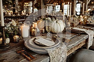 Rustic Autumn Wedding Reception Table Setting with Elegant Decor Generative AI