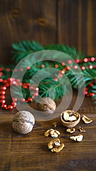 Rustic background with walnuts, fir tree branch and red bead balls Christmas decoration. you can use it for a greeting card or