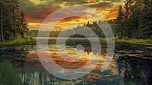 Rustic backwoods lake at sunset