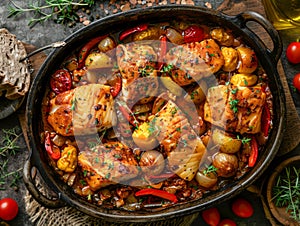 Rustic Baked Chicken and Vegetables in Cast Iron Skillet, Seasonal Homestyle Meal on Dark Table photo