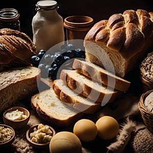 Rustic Bakery Delights: Fresh Bread, Blueberries, Eggs, and Milk on Burlap.