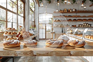 Rustic Bakery Interior Boasting Fresh Breads and Pastries on Wooden Shelves and Countertops Under Warm Ambient Lighting