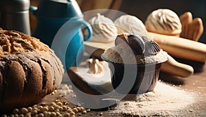 Rustic Bakery Scene: Fresh Bread with wheat ears, bowl of flour and other elements of bread baking. Generative AI