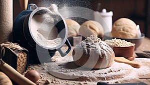 Rustic Bakery Scene: Fresh Bread with wheat ears and a bowl of flour and other elements of bread baking Generative AI