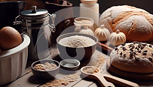 Rustic Bakery Scene: Fresh Bread with wheat ears and a bowl of flour, other elements of bread baking. Generative AI