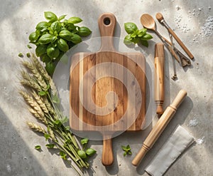 Rustic Baking Ingredients and Kitchen Utensils Flat Lay