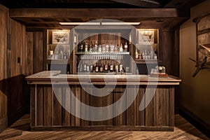 rustic bar with custom wood paneling and copper taps