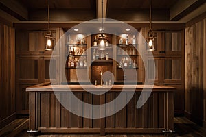 rustic bar with custom wood paneling and copper taps