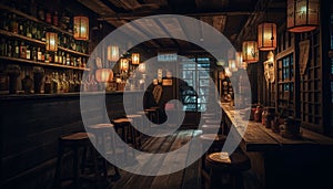 Rustic bar with old fashioned decoration and modern lighting equipment generated by AI