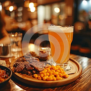 Rustic bar setting with craft brews and hearty food pairings, warm lighting, and inviting atmosphere photo