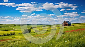 Rustic barn amid rolling hills and vibrant wildflowers