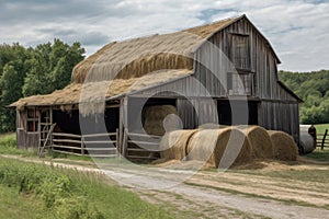rustic barn with bales of hay and horse stabled inside