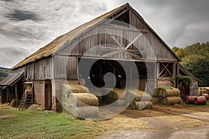 rustic barn with bales of hay and horse stabled inside