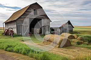rustic barn with bales of hay, shovels, and other tools for working the land