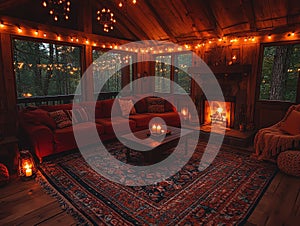 A rustic barn converted into cozy accommodation with warm lighting and a comfortable interior