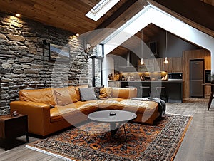 A rustic barn converted into cozy accommodation with warm lighting and a comfortable interior