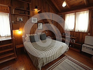 A rustic barn converted into cozy accommodation with warm lighting and a comfortable interior