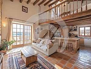 A rustic barn converted into cozy accommodation with warm lighting and a comfortable interior