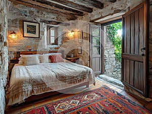 A rustic barn converted into cozy accommodation with warm lighting and a comfortable interior