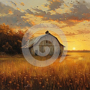 Rustic barn in a golden field at sunset