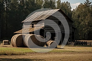 Rustic Barn With Hay Bale Stack. Generative AI