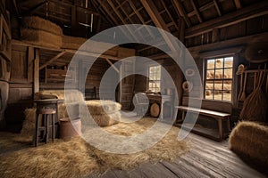 rustic barn with hay bales and harvest scene on the interior