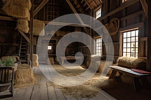 rustic barn with hay bales and harvest scene on the interior