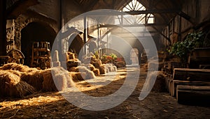 Rustic barn, haystack, farmer, livestock, autumn harvest generated by AI