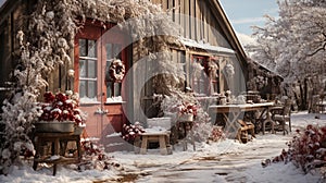 Rustic Barn, House or Shop Decorated for Christmas in a Beautiful Winter Snowy Scene. Generative AI