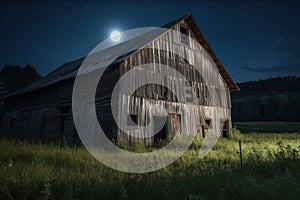 rustic barn in moonlight, with the lunar glow shining through the windows