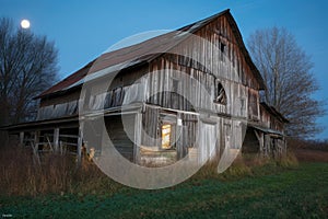 rustic barn in moonlight, with the lunar glow shining through the windows