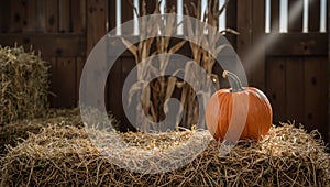 Rustic barn scene with pumpkin hay bale corn stalks and soft sunlight