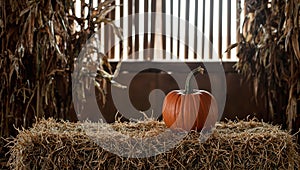 Rustic barn scene with pumpkin hay bale corn stalks and soft sunlight