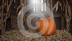 Rustic barn scene with pumpkin hay bale corn stalks and soft sunlight
