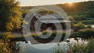 Rustic Blacksmith Shop at Sunset by the River