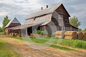 rustic barn with stack of hay bales and feeding troughs