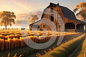 A Rustic Barn Surrounded by Amber Fields: Detailed Texture of Aged Wood, High-Quality 3D Render - Lively Countryside Charm