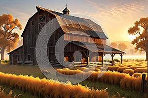 A Rustic Barn Surrounded by Amber Fields: Detailed Texture of Aged Wood, High-Quality 3D Render - Lively Countryside Charm