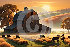 A Rustic Barn Surrounded by Amber Fields: Detailed Texture of Aged Wood, High-Quality 3D Render - Lively Countryside Charm